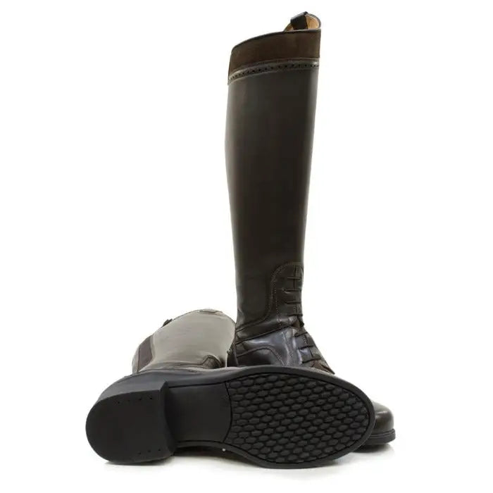 Dark brown leather phoenix long riding boots with stitched collar and black rubber soles by bareback footwear phoenix