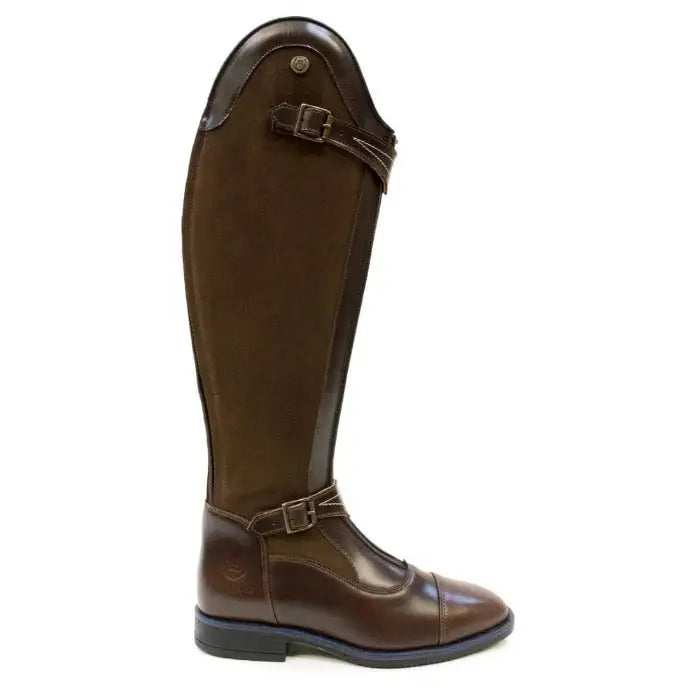 Brown leather bareback footwear piaffe long riding boots with sleek polished finish in multiple sizes