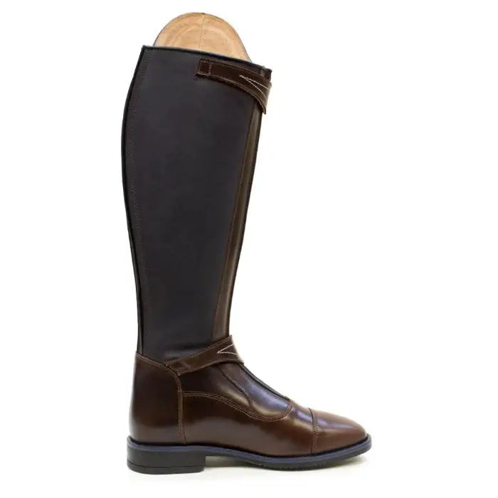 Brown leather bareback footwear piaffe long riding boots with black panel and tan lining in multiple sizes
