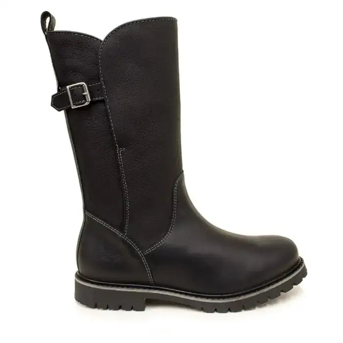 Black leather bareback footwear quebec waterproof boots with silver buckle strap and rugged rubber sole