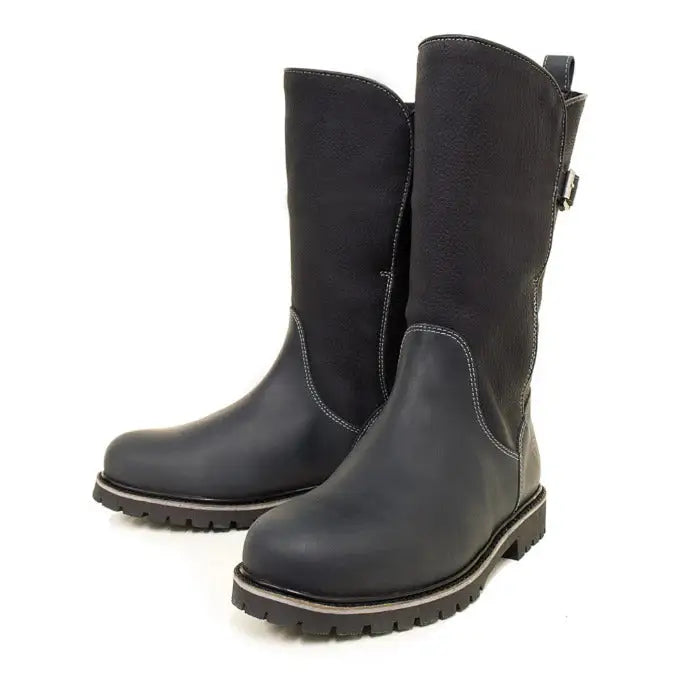 Black leather bareback footwear quebec waterproof boots navy with rugged sole and subtle stitching details uk 3 and 4 only