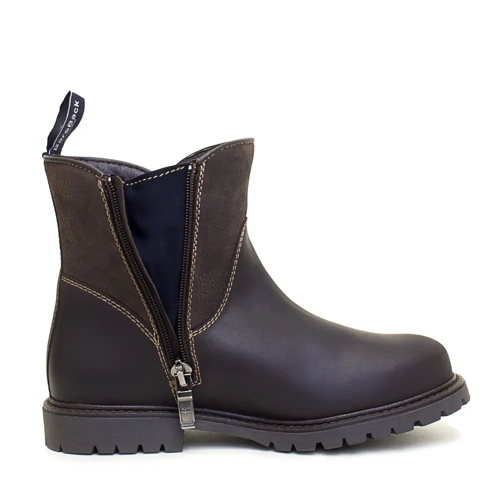 Dark brown leather ankle boot with side zipper and pull tab from bareback footwear quebec waterproof zip collection