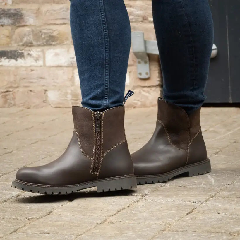 Brown leather bareback footwear quebec waterproof zip ankle boots with rugged sole and memory foam cushioning