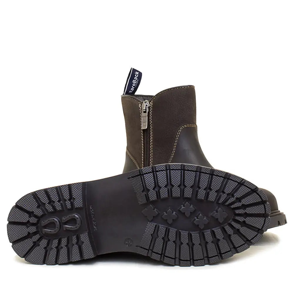 Dark brown suede bareback footwear quebec waterproof zip ankle boots with black rubber sole and horseshoe logo tread