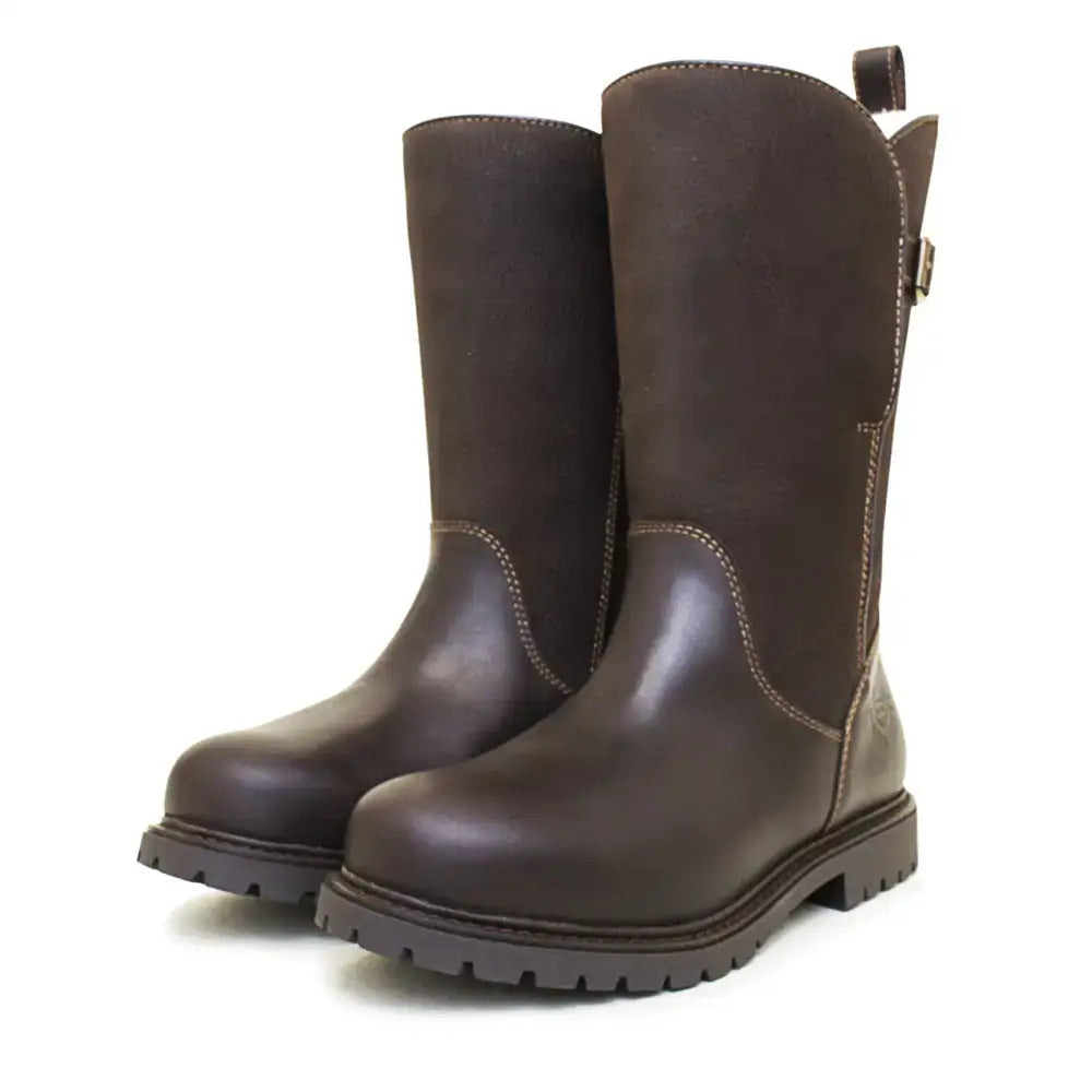 Dark brown leather bareback footwear quebec waterproof zip-up fur lined boots with rugged textured sole and stitching details