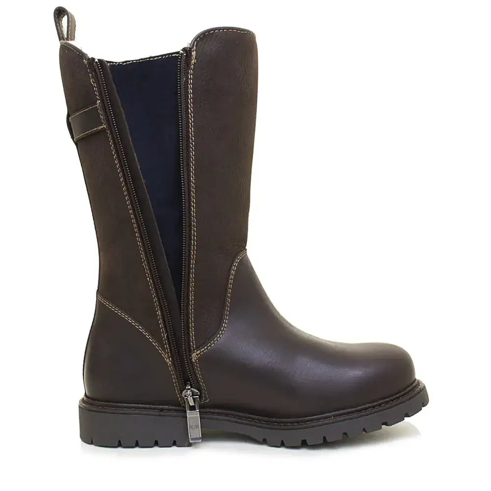 Dark brown leather ankle boot from bareback footwear quebec with side zipper and fur lined waterproof design