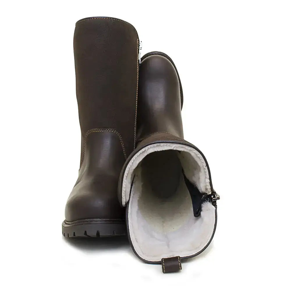 Dark brown leather bareback footwear quebec waterproof zip-up fur lined boots with soft white shearling lining and zipper