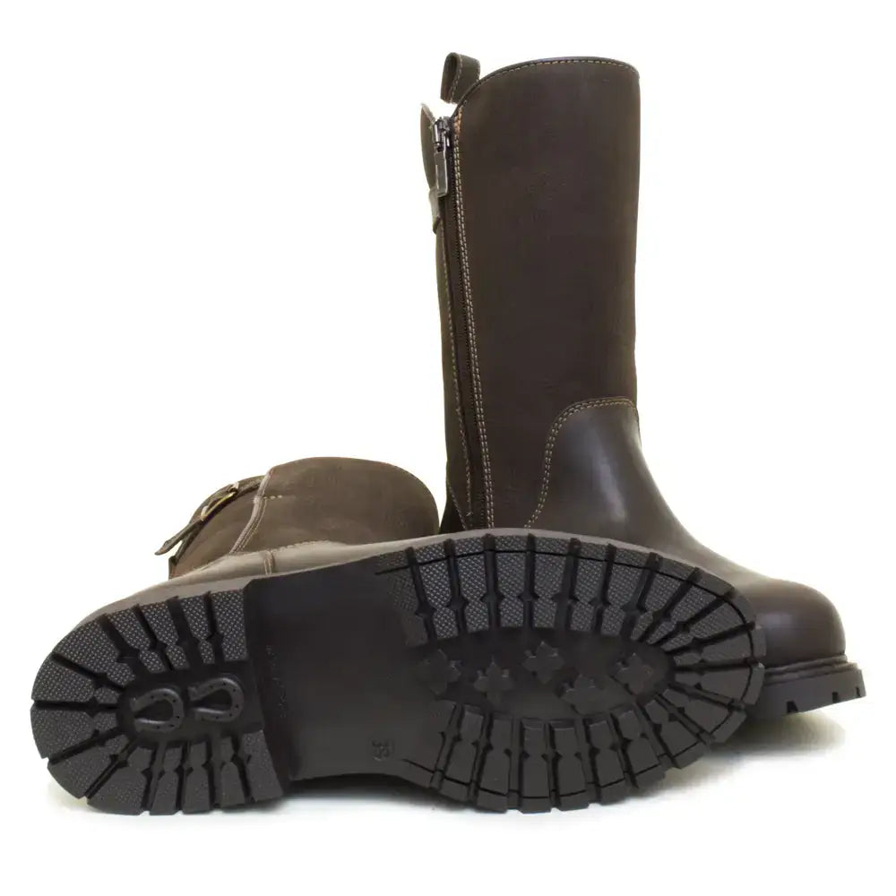 Dark brown suede bareback footwear quebec waterproof zip-up fur lined boots with inner zipper and textured rubber sole