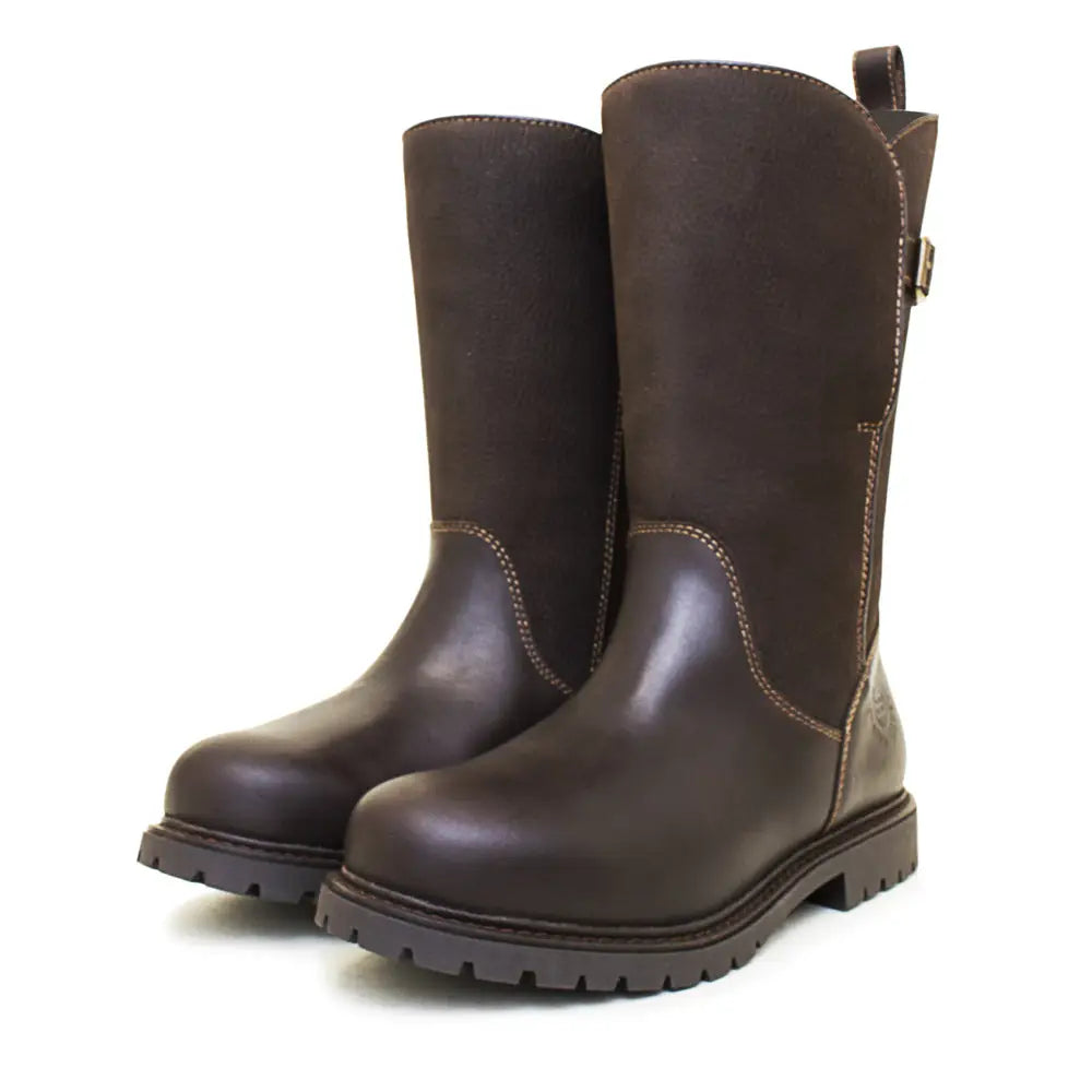 Dark brown leather bareback footwear quebec waterproof zip mid calf boots with rugged stormproof wil-tex sole and stitching