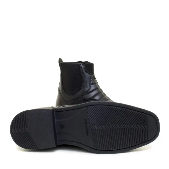 Black leather rio jodhpur boots with elastic side panels and textured rubber sole from bareback footwear rio lining
