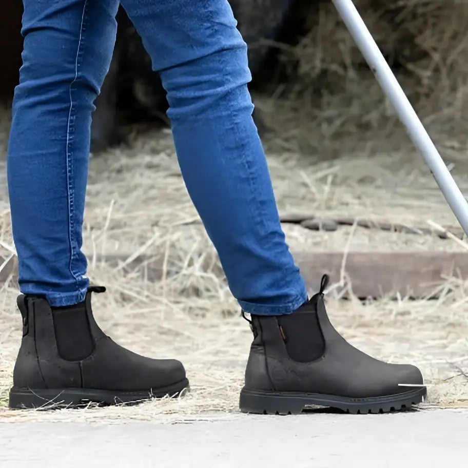 Bareback footwear vancouver storm waterproof black leather boots with elastic panels rubber sole and arch support