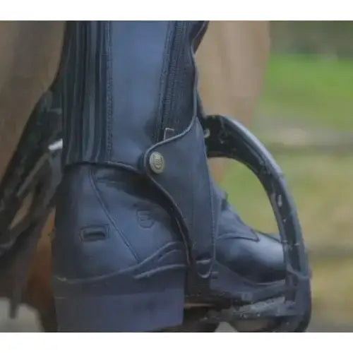 Black leather bareback footwear vaqueros premium half chaps with silver buckle and reinforced stitching short riding boots