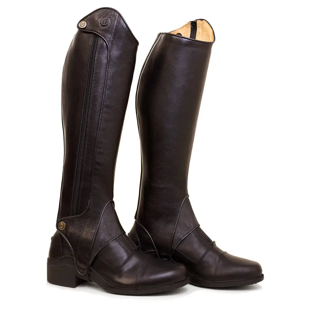 Dark brown leather bareback footwear vaqueros kentucky half chaps with side zipper and adjustable ankle straps piped finish
