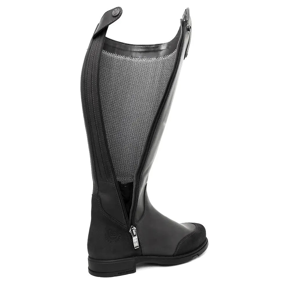 Black leather vermont storm waterproof long riding boot with mesh panel and zipper closure by bareback footwear