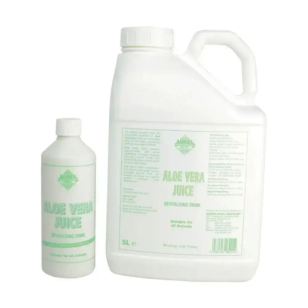 White plastic bottles of barrier aloe vera juice with green labels and white caps for horse supplements in 5l and smaller sizes