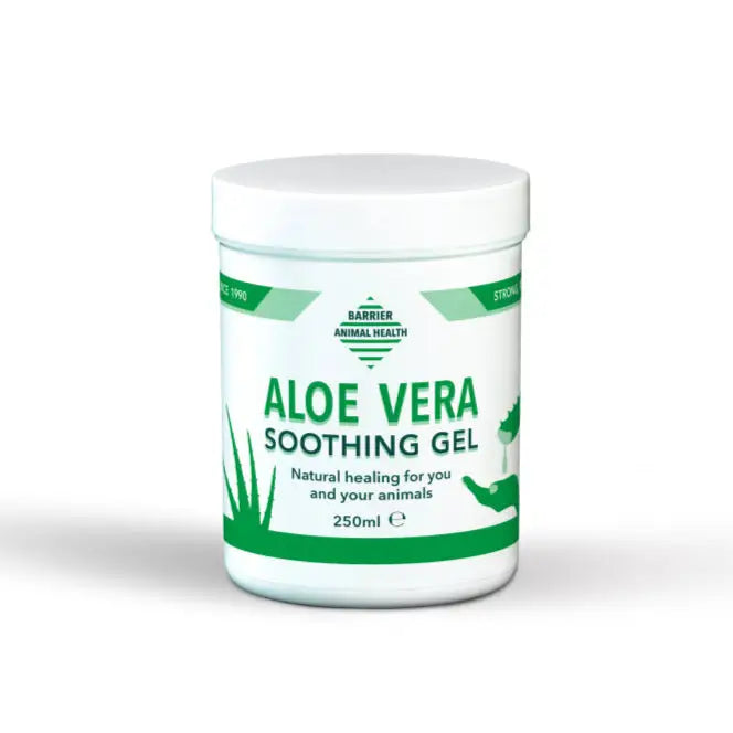 White plastic jar of barrier aloe vera soothing gel 250ml designed to aid natural healing and skin barrier care
