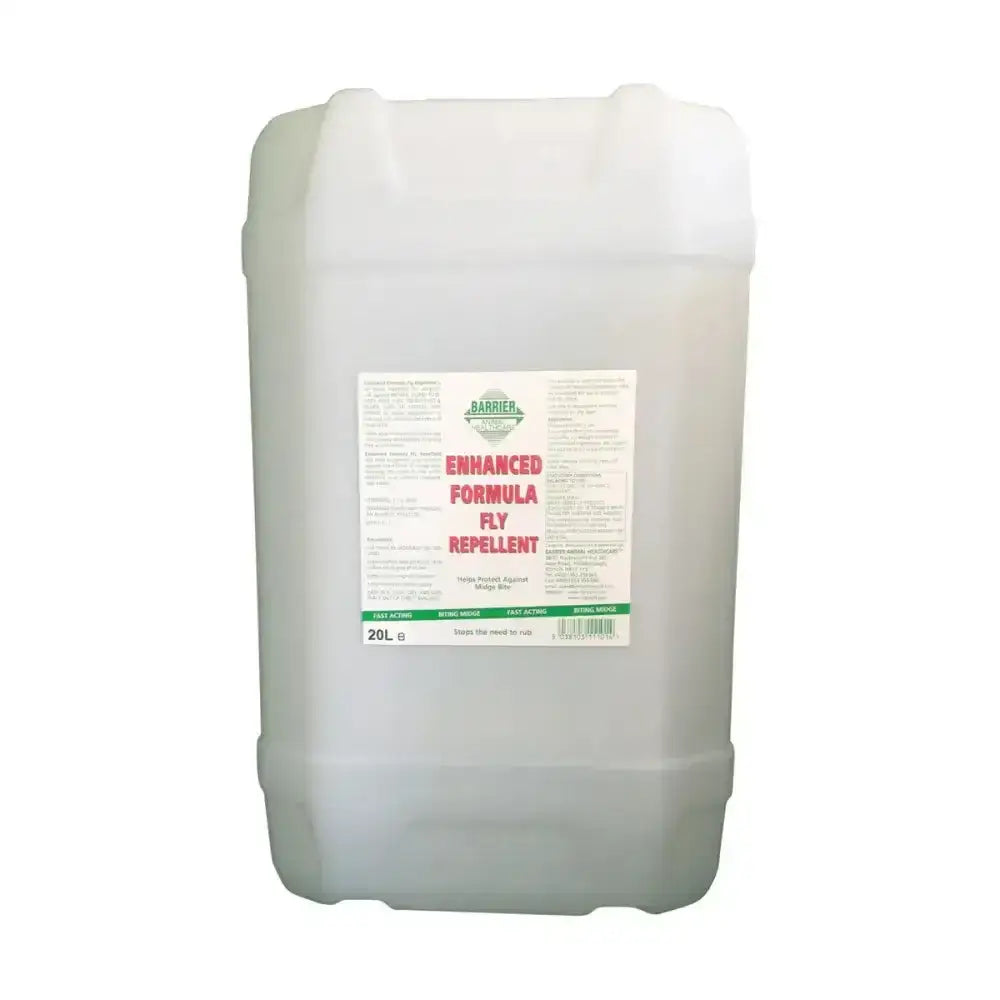 White plastic 20l container of barrier enhanced formula fly repellent with non-sting formulation for effective use