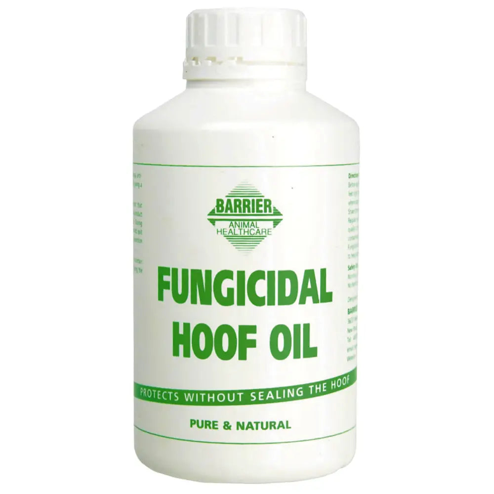 White plastic bottle of barrier fungicidal hoof oil with green label for anti-fungal lubricant in animal hoof care