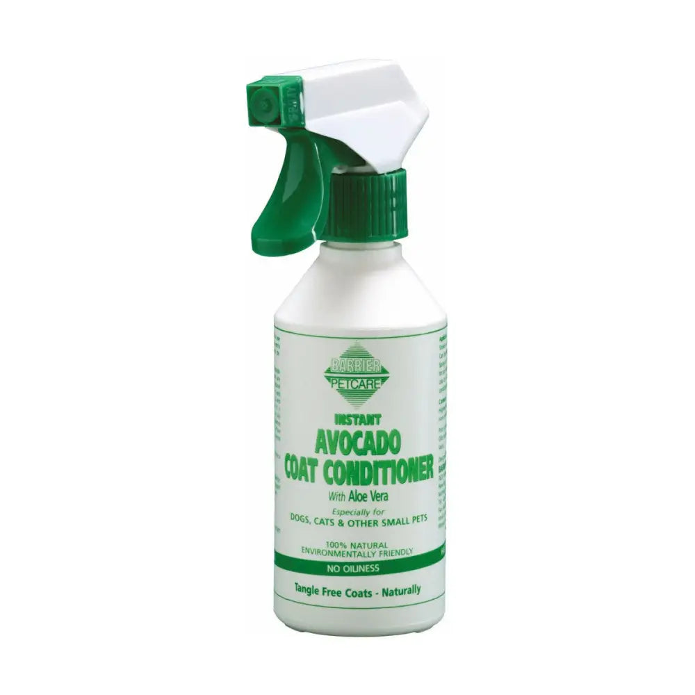 White plastic spray bottle with green trigger labeled barrier instant avocado coat conditioner by petcare