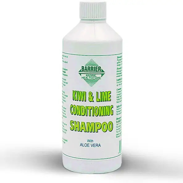 White plastic bottle of barrier kiwi & lime conditioning shampoo with aloe vera green label lime conditioning shampoo