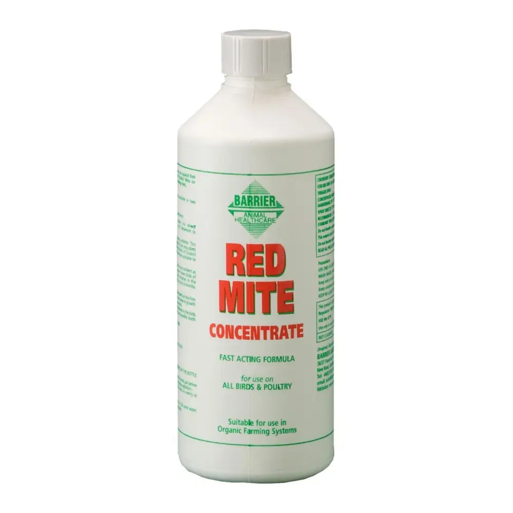 White plastic bottle of barrier red mite concentrate with green and red labeling for organic farming systems