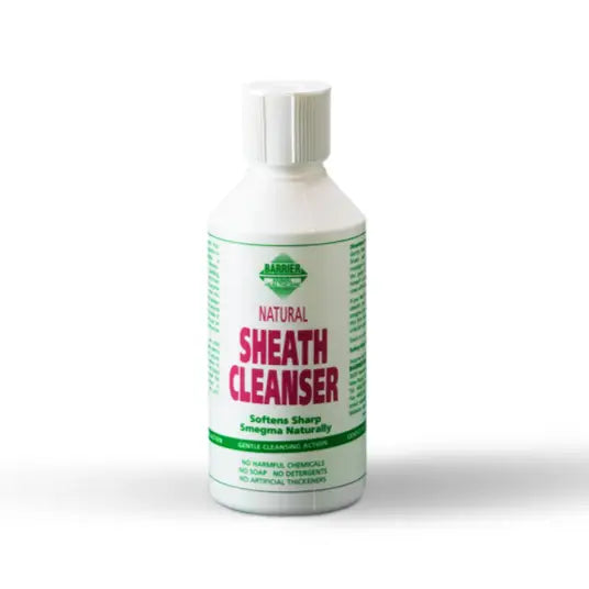 White plastic bottle with white cap labeled natural sheath cleanser barrier sheath cleanser with mild vegetable surfactants