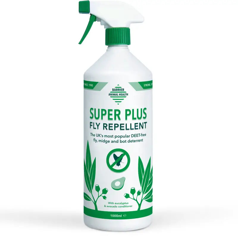 White plastic spray bottle with green trigger of barrier super plus fly repellent spray for natural formulation use