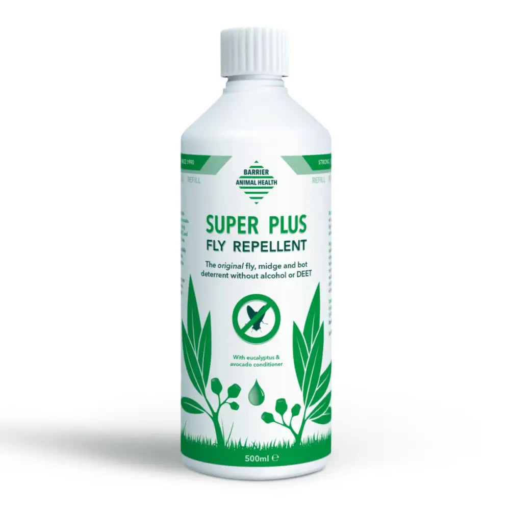 White plastic bottle with green label and white cap barrier super plus fly repellent spray for awkward areas and fly repellent gels