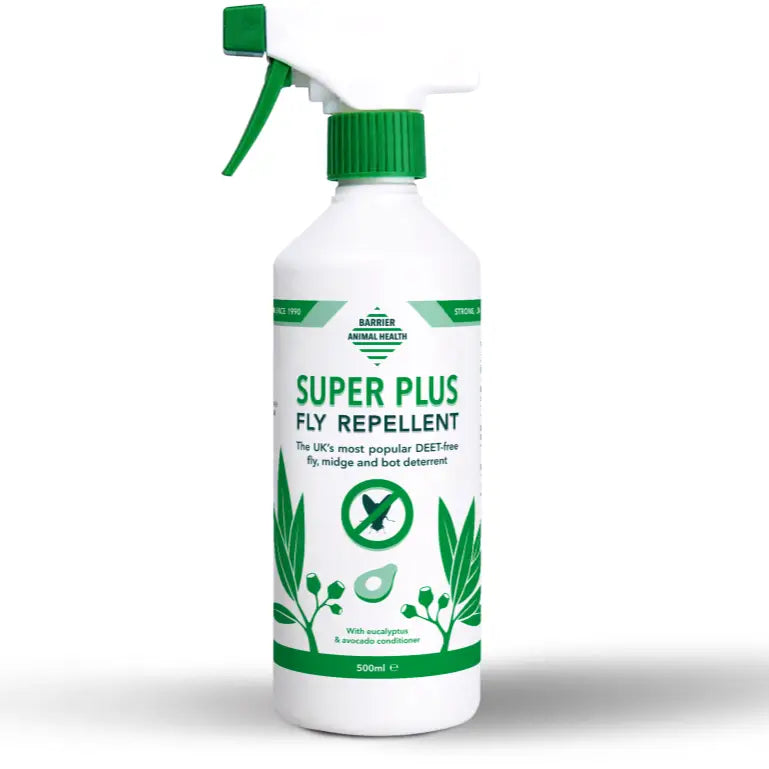 White plastic spray bottle with green cap labeled barrier super plus fly repellent spray for natural fly repellent gels on awkward areas