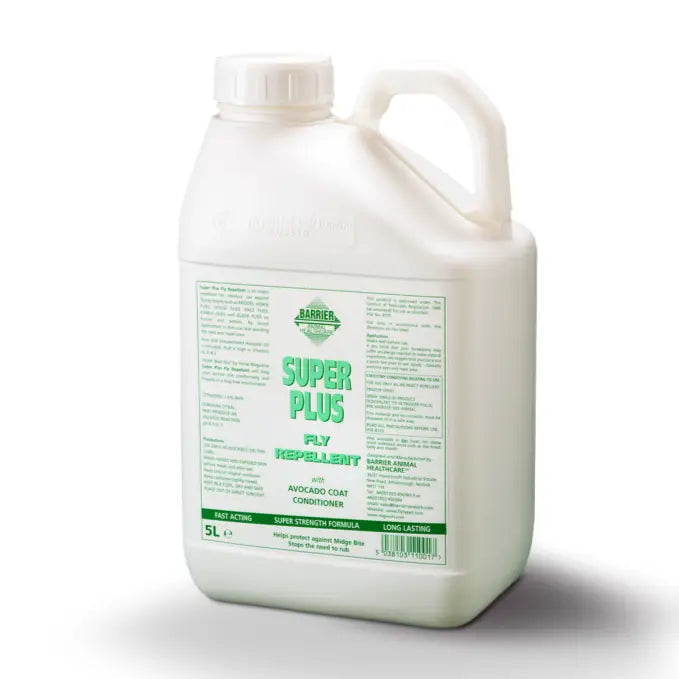 White plastic jug of Barrier super plus fly repellent spray with natural formulation for awkward areas use