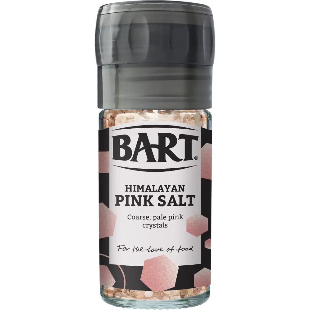 Bart pink himalayan salt mill 90g in a clear glass grinder with black lid and hexagonal pink patterned label