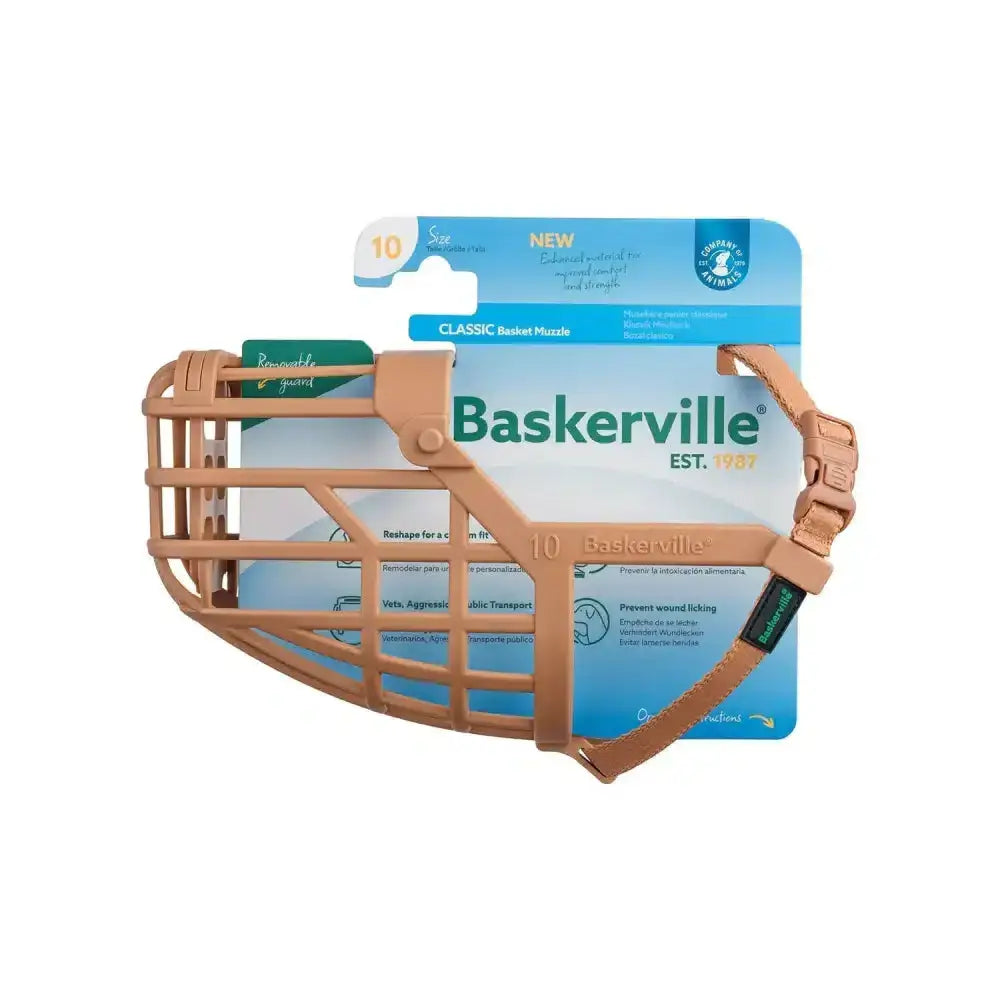 Tan baskerville classic basket muzzle for dogs made of improved thermoplastic rubber for safe comfortable wear