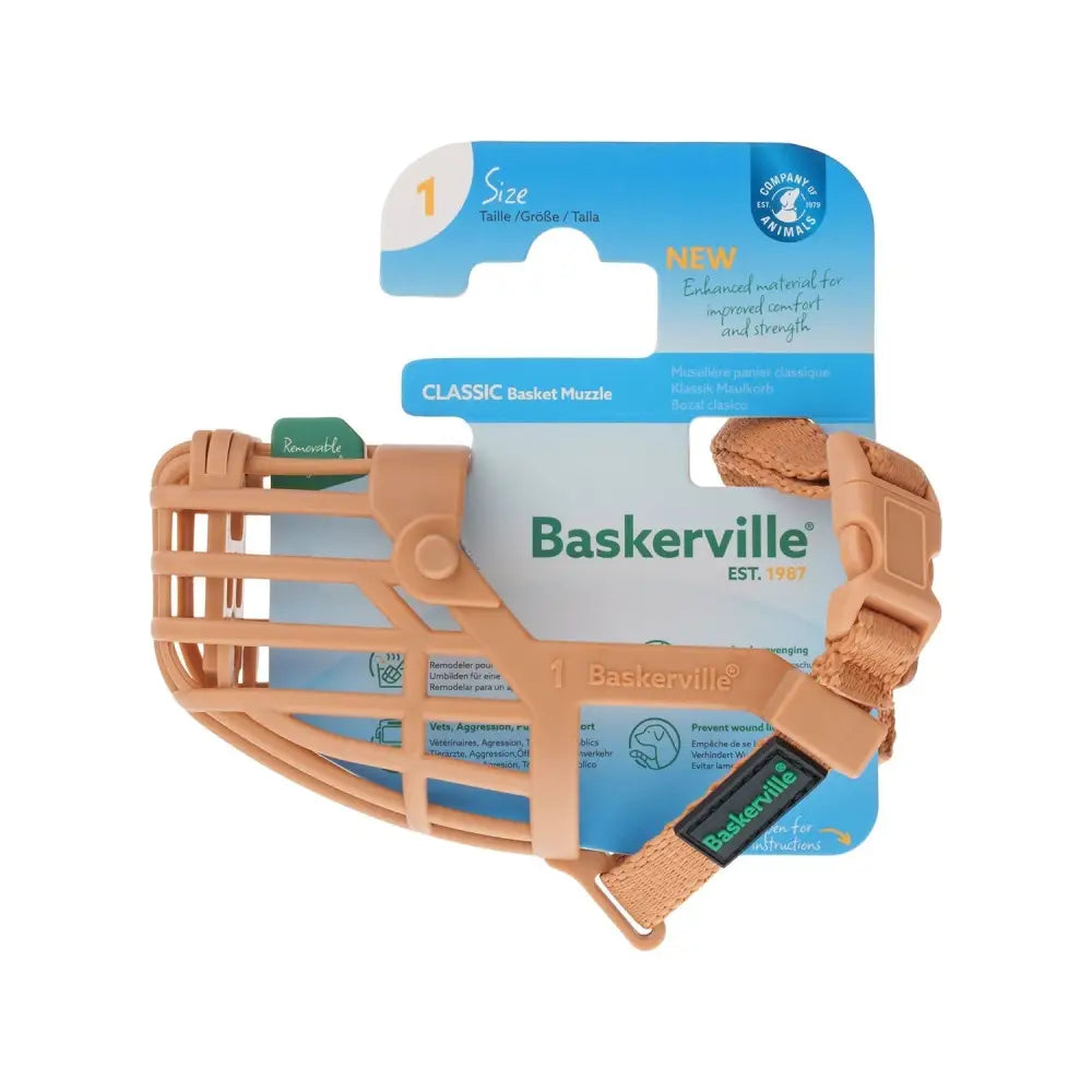 Tan baskerville classic basket muzzle made of plastic and fabric with improved thermoplastic rubber for dogs