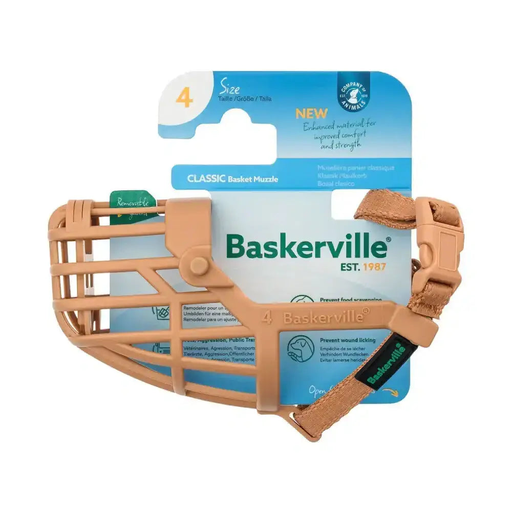 Tan baskerville classic basket muzzle made with leather and improved thermoplastic rubber for dogs