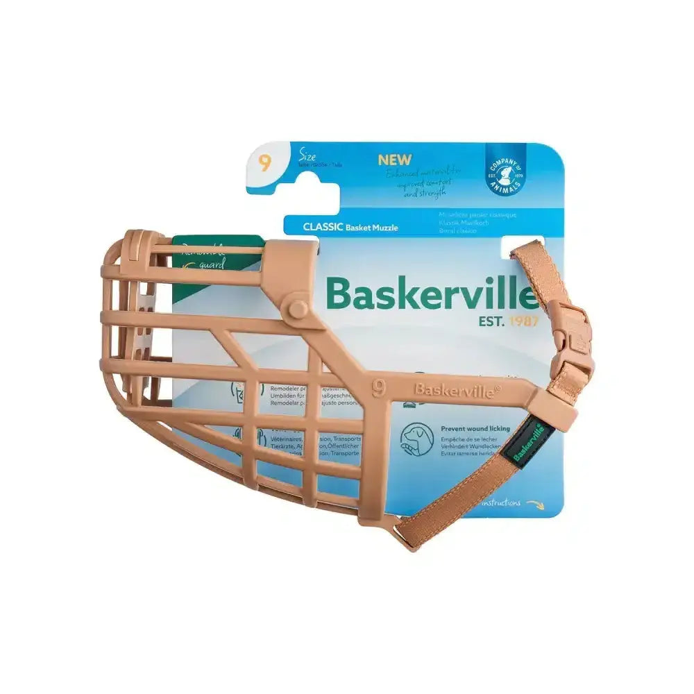 Tan baskerville classic basket muzzle made of plastic leather and improved thermoplastic rubber for dogs