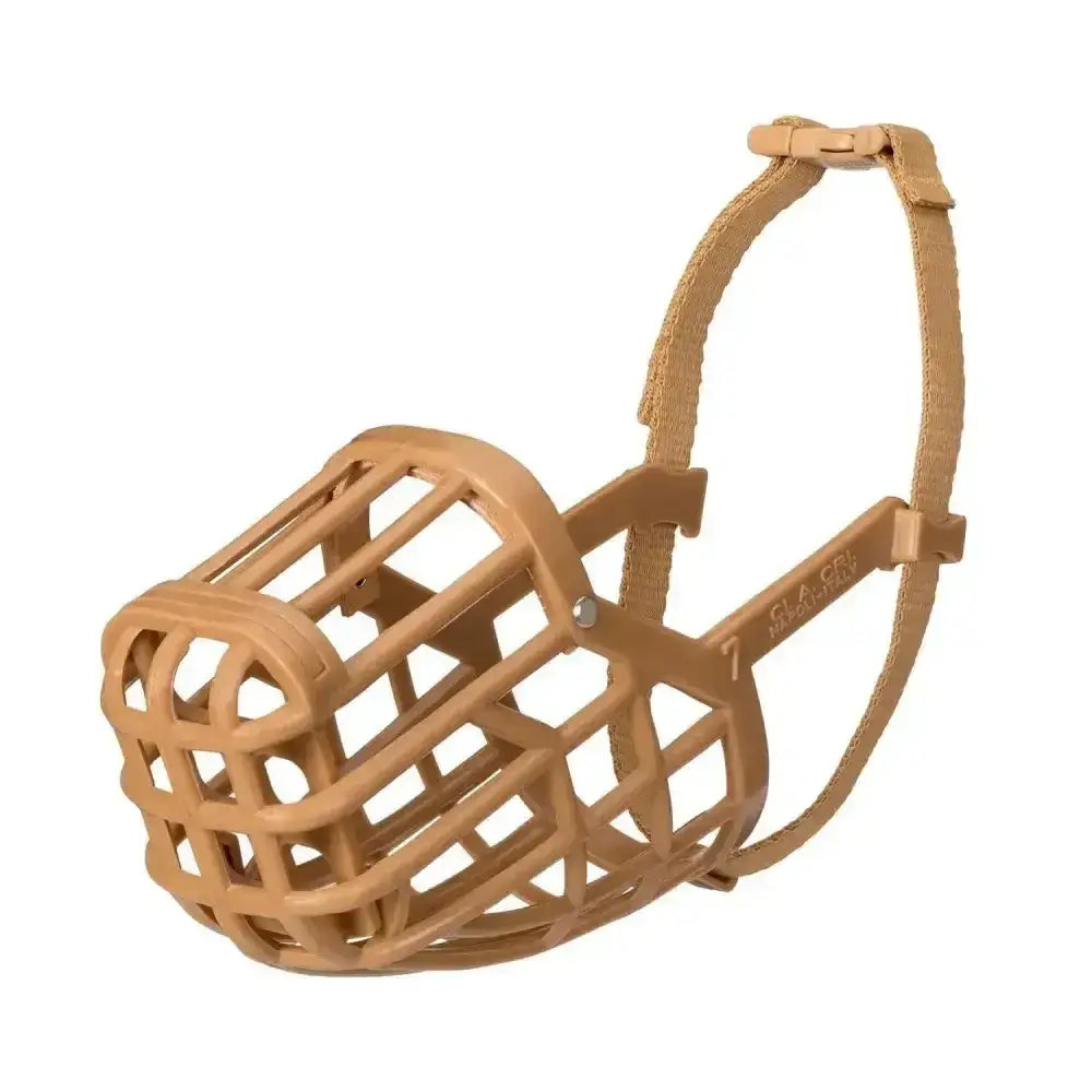 Tan baskerville classic dog muzzle made of recycled polymer with adjustable straps and grid-like design