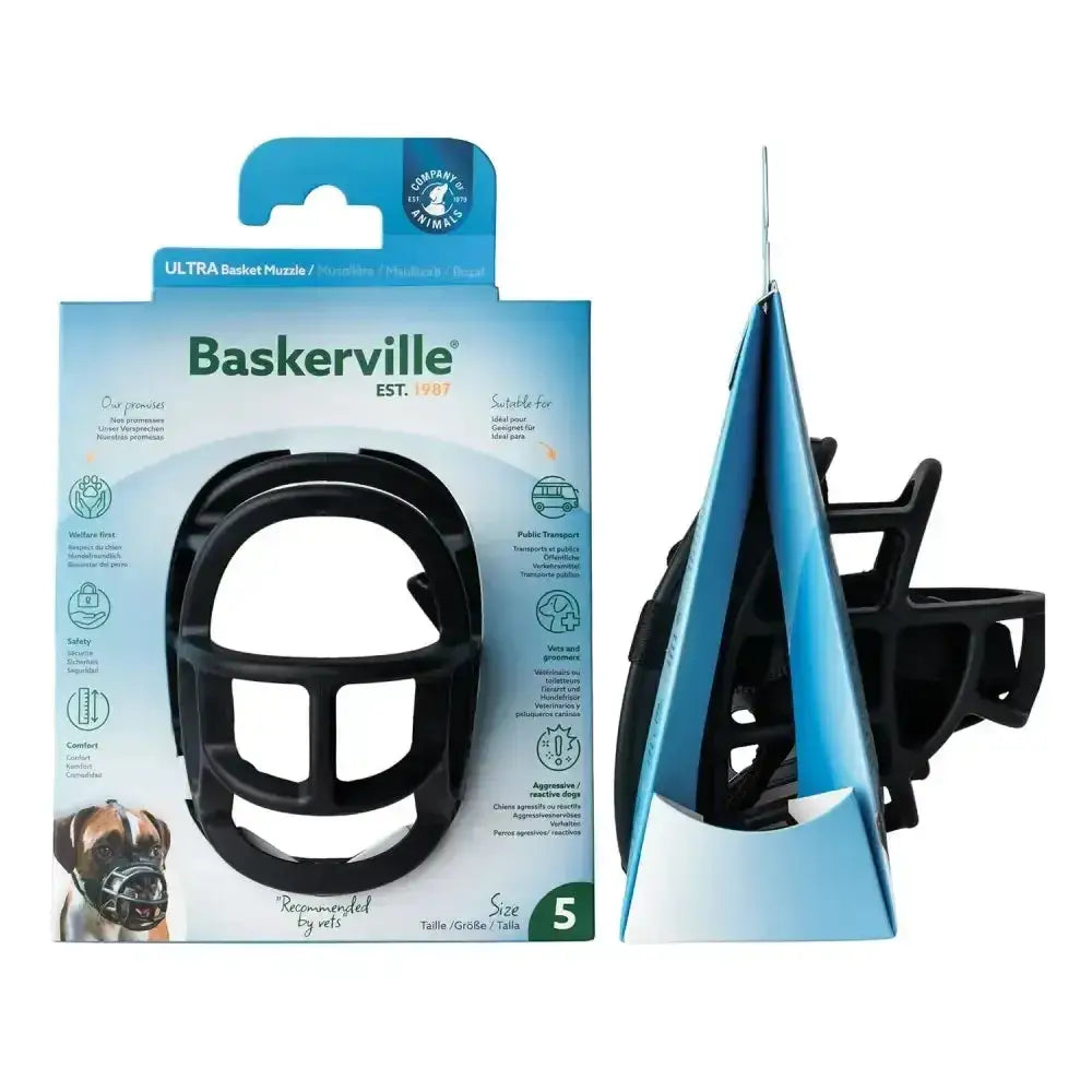 Black plastic baskerville ultra basket dog muzzle size 5 featuring a unique patented muzzle design