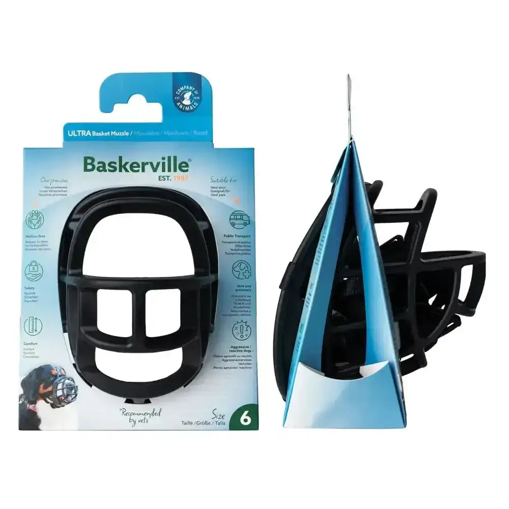 Black plastic baskerville ultra basket dog muzzle size 6 with unique patented basket design for safe dog use