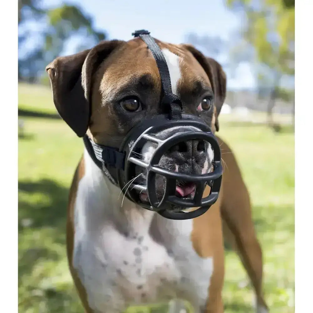 Black metal baskerville ultra dog muzzle with adjustable straps offers maximum safety and comfort for your dog