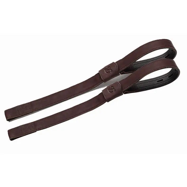 Brown leather bates webbers camera strap with stitched edges and embossed logo perfect for rider’s thigh support