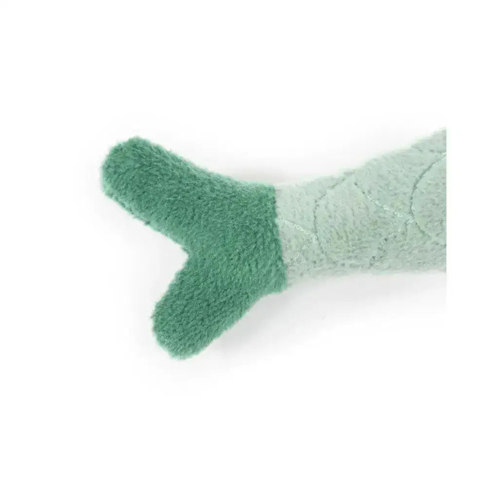 A battersea daily catch plush mermaid tail toy with a fuzzy teal fin and mint green textured catnip fish made body