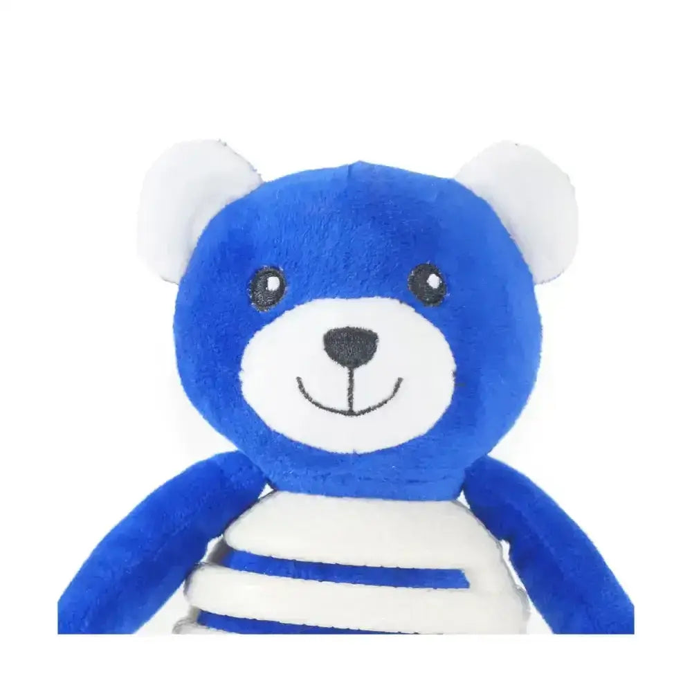 A plush blue battersea rubber belly bear with white ears and belly stripes designed as a multi-textured tough toy to satisfy natural chewing instincts