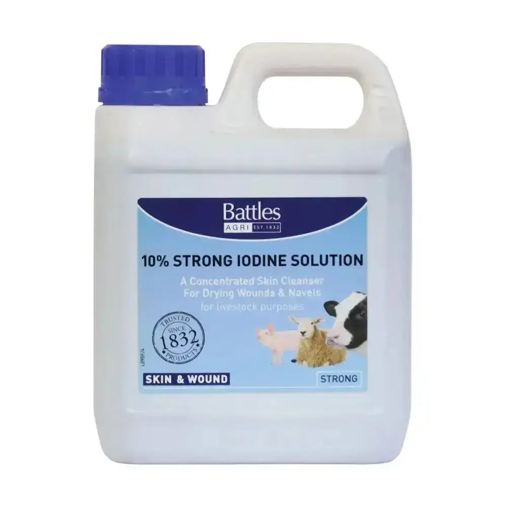 White plastic jug with blue cap labeled battles iodine solution disinfectant 10 percent strong concentrated skin cleanser
