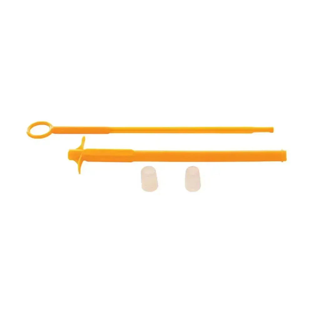 Bright orange plastic battles administration gun ovaloid with two long tubes and two translucent caps for trace element use