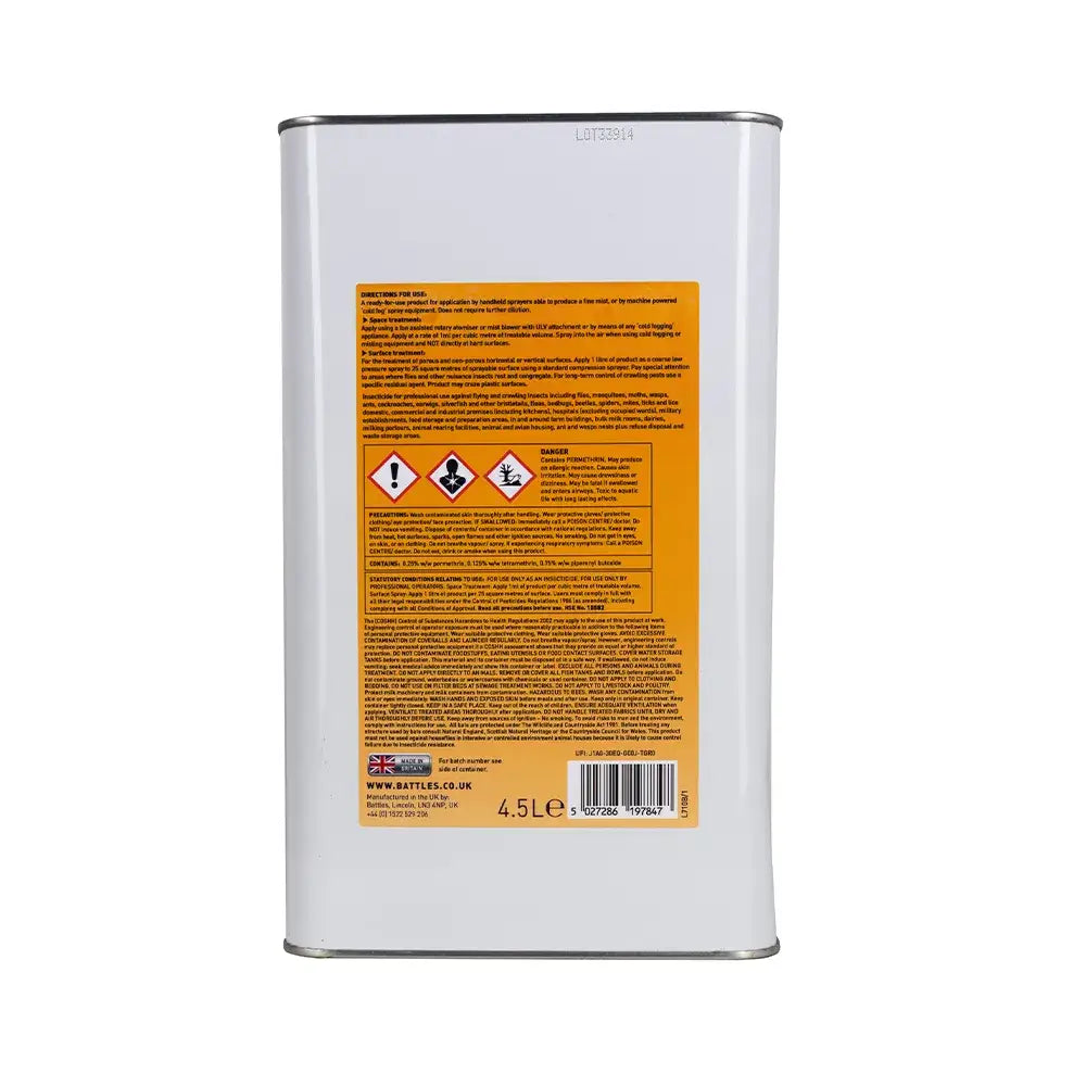 Silver metal can of battles dairy fly spray with orange safety label showing product information on the back side