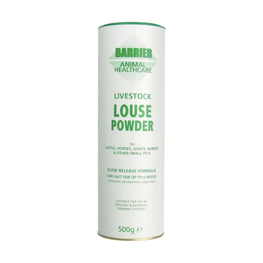 White cylindrical container of battles louse powder natural insect repellent for biting lice on cattle horses goats and pets