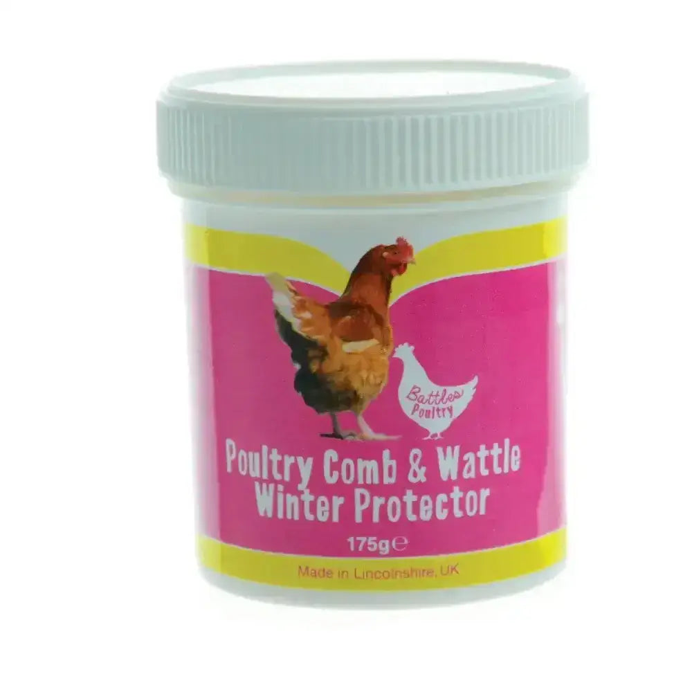 A pink and yellow battles poultry comb container with white lid featuring a brown chicken for wattle winter protector use
