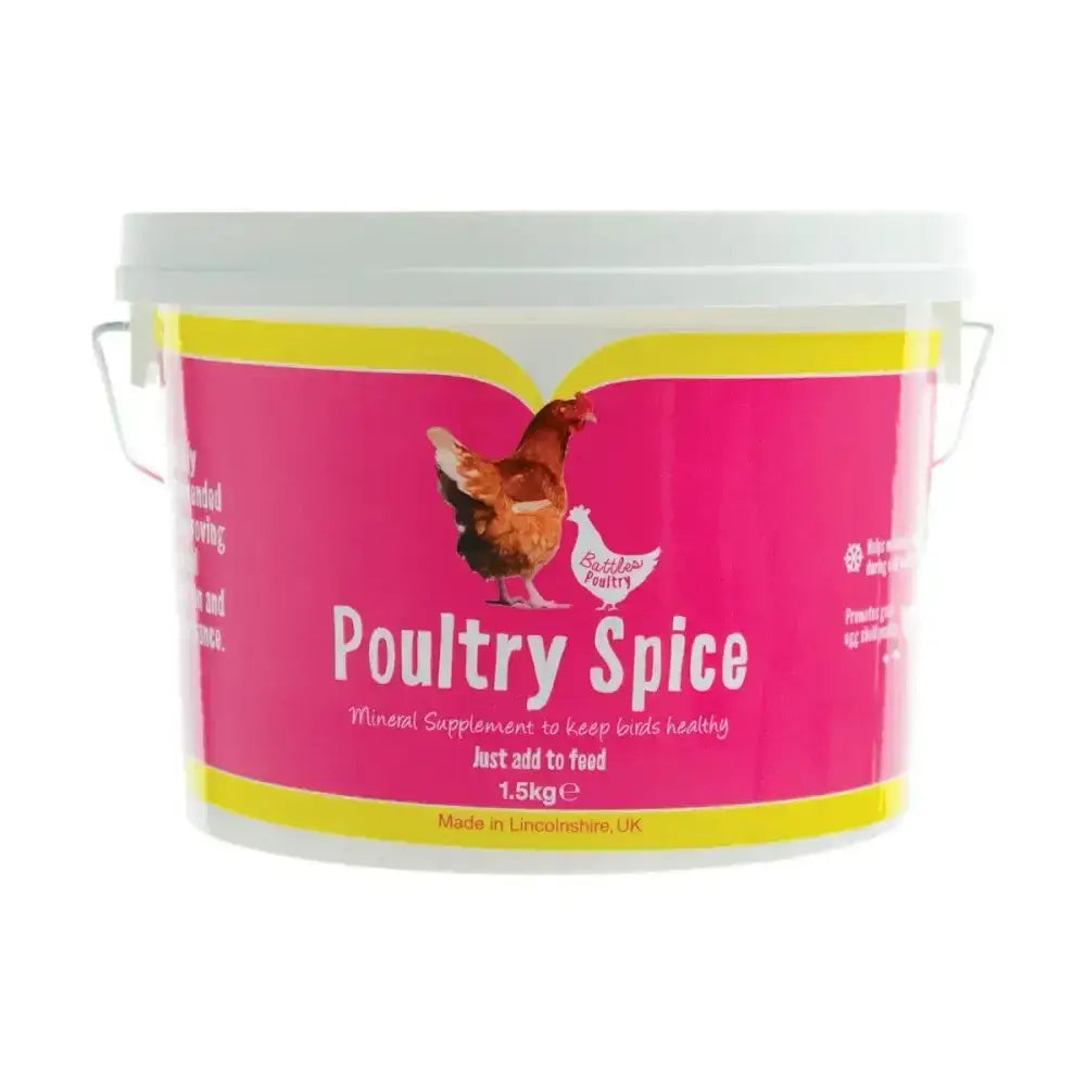 Pink and yellow labeled plastic bucket of battles poultry spice mineral supplement for round condition in birds