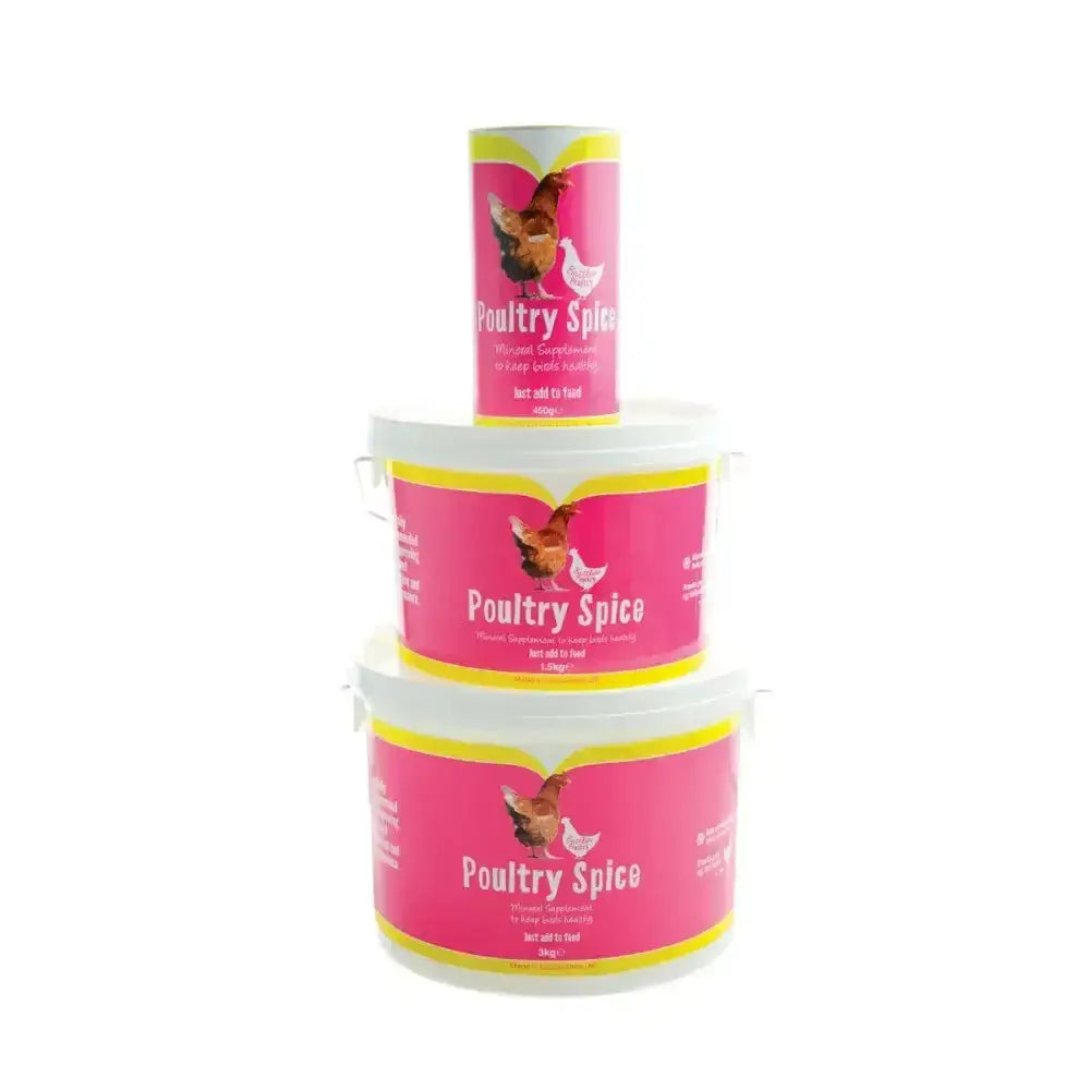 Stacked battles poultry spice containers in pink and yellow labels in round condition for flavorful poultry seasoning