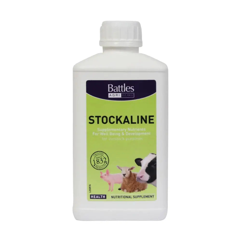 White plastic bottle of battles stockaline all-purpose health drench with green label for livestock nutrition